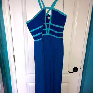 NEW WT Aidan Mattox Women Size 14 Crepe Chiffon Blocked Blue/ Teal Gown/ Dress